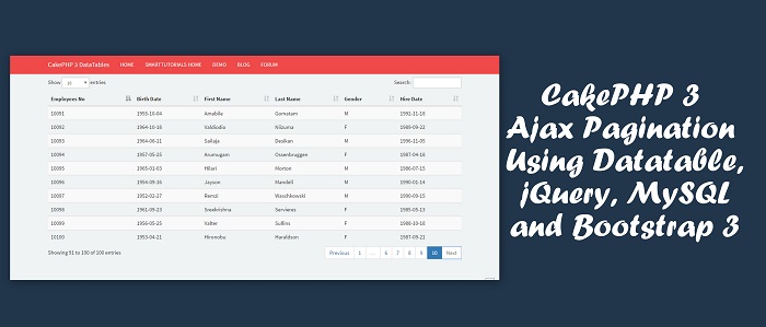 CakePHP 3 Ajax Pagination Using Datatable, jQuery, MySQL and Bootstrap 3