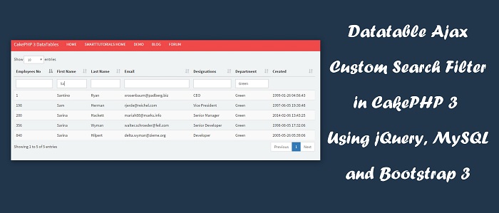 Datatable Ajax Custom Search Filter in CakePHP 3 Using jQuery, MySQL and Bootstrap 3
